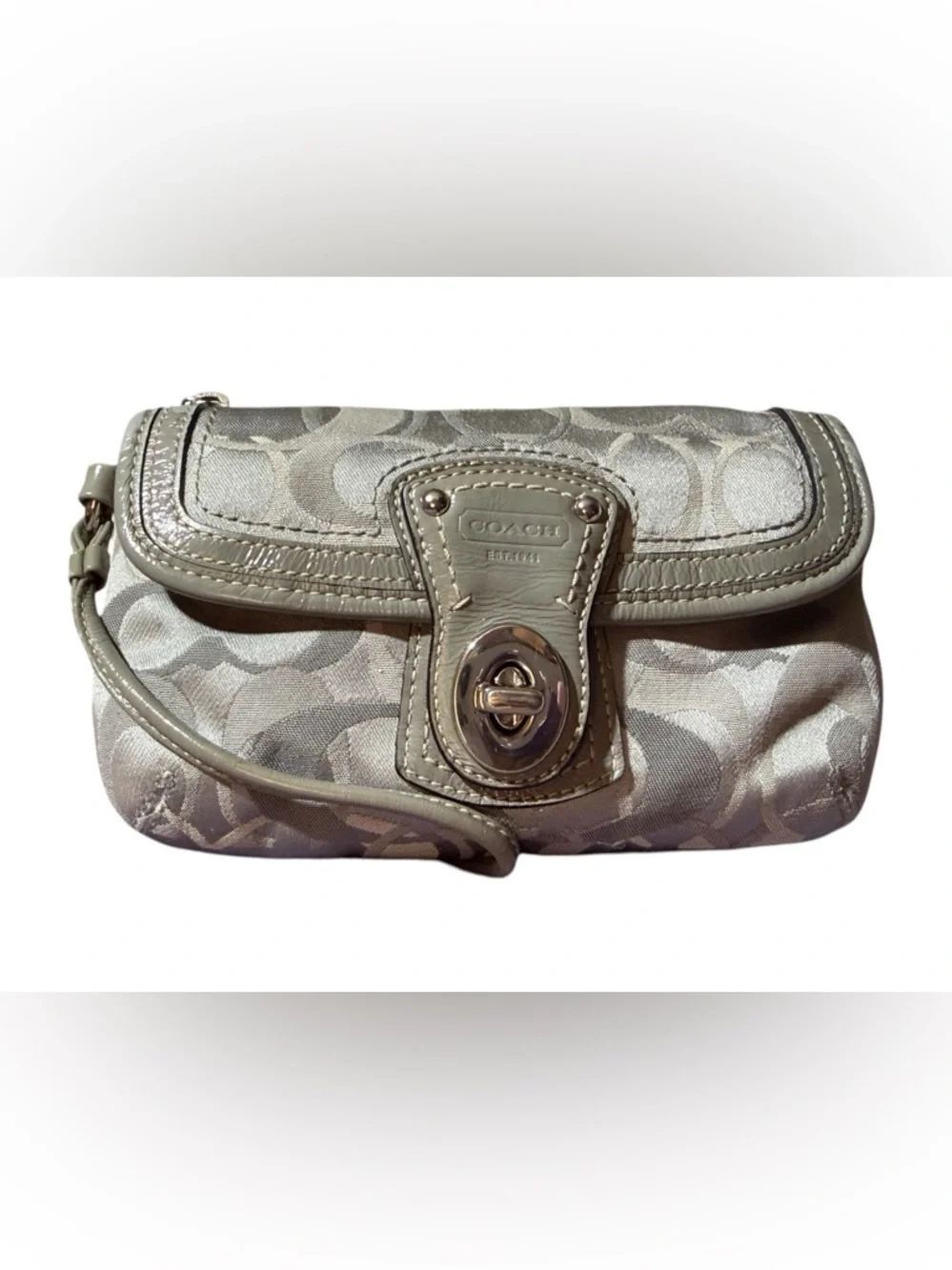 Coach Legacy Signature Optic Turnlock Flap Wristlet, Gray/Silver/Lavender - Picture 1 of 11